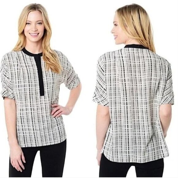 VINCE size 6 Interlace Print Silk Tunic Top Cuffed sleeve 100% silk EUC - Picture 1 of 11